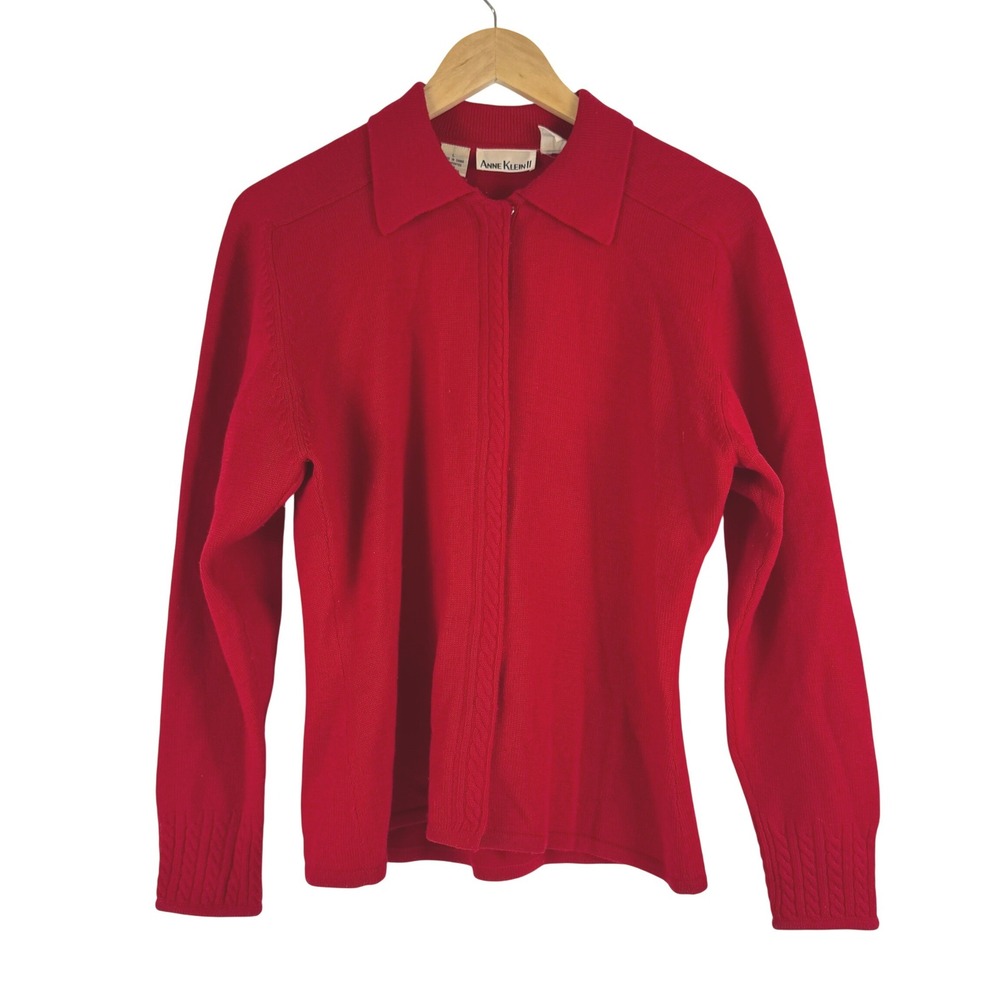 Anne Klein II Red 100% Wool Collared Button Front Cardigan Sweater Large Vintage